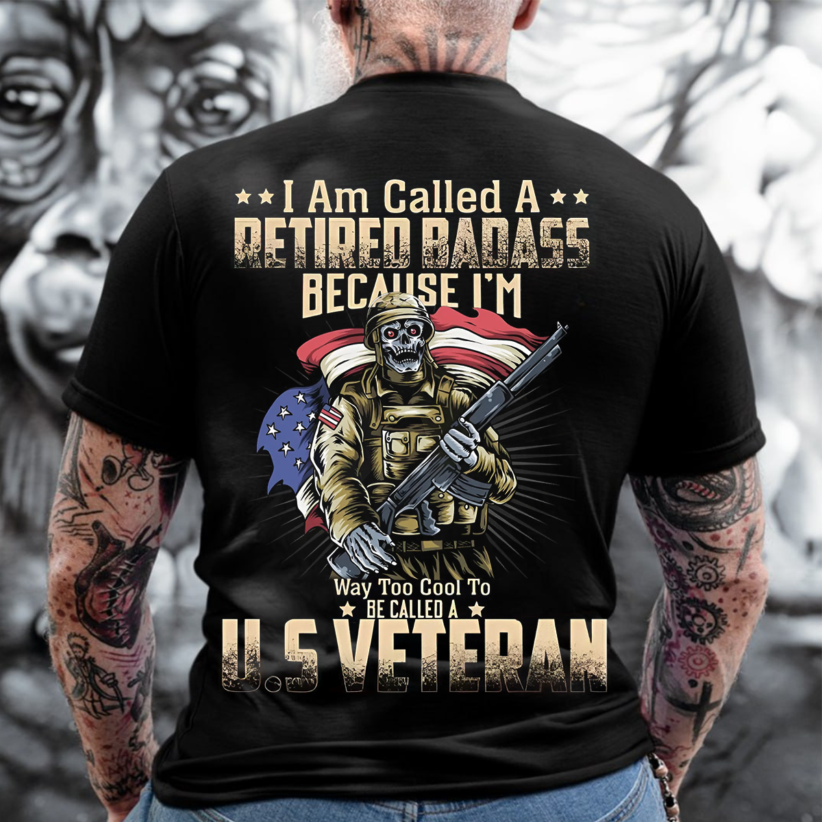 Retired Badass T-Shirt – Cool US Veteran Military Skull with American Flag