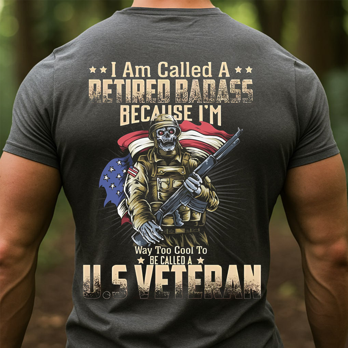 Retired Badass T-Shirt – Cool US Veteran Military Skull with American Flag