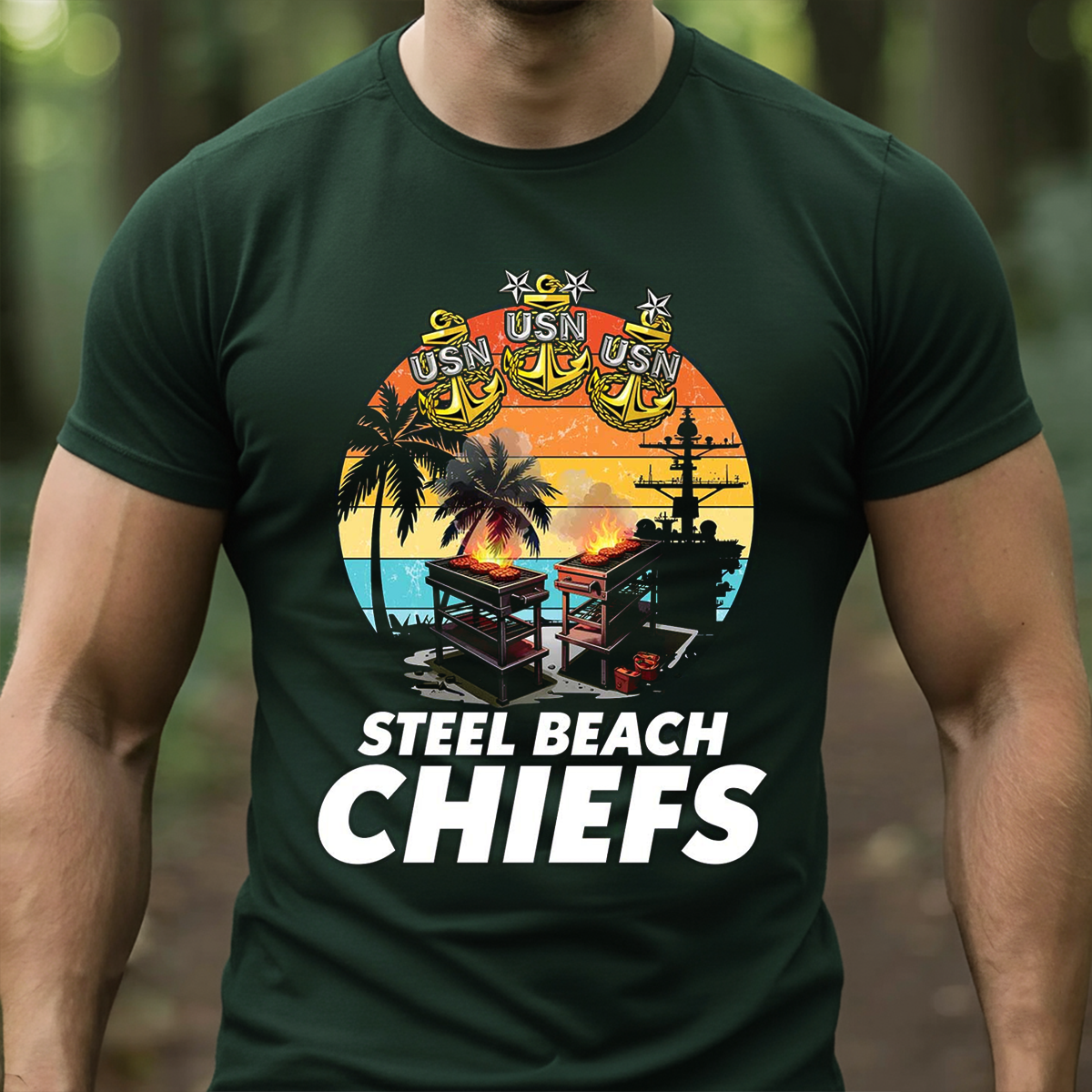 US Navy Steel Beach Chiefs T-Shirt, Sweatshirt, Hoodie – USN Chief Barbecue Party Sunset Military Tee