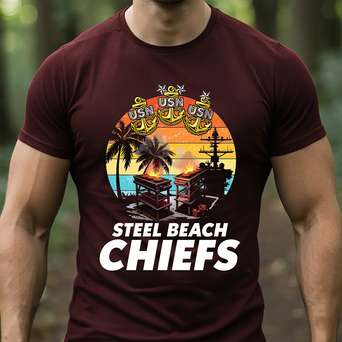 US Navy Steel Beach Chiefs T-Shirt, Sweatshirt, Hoodie – USN Chief Barbecue Party Sunset Military Tee