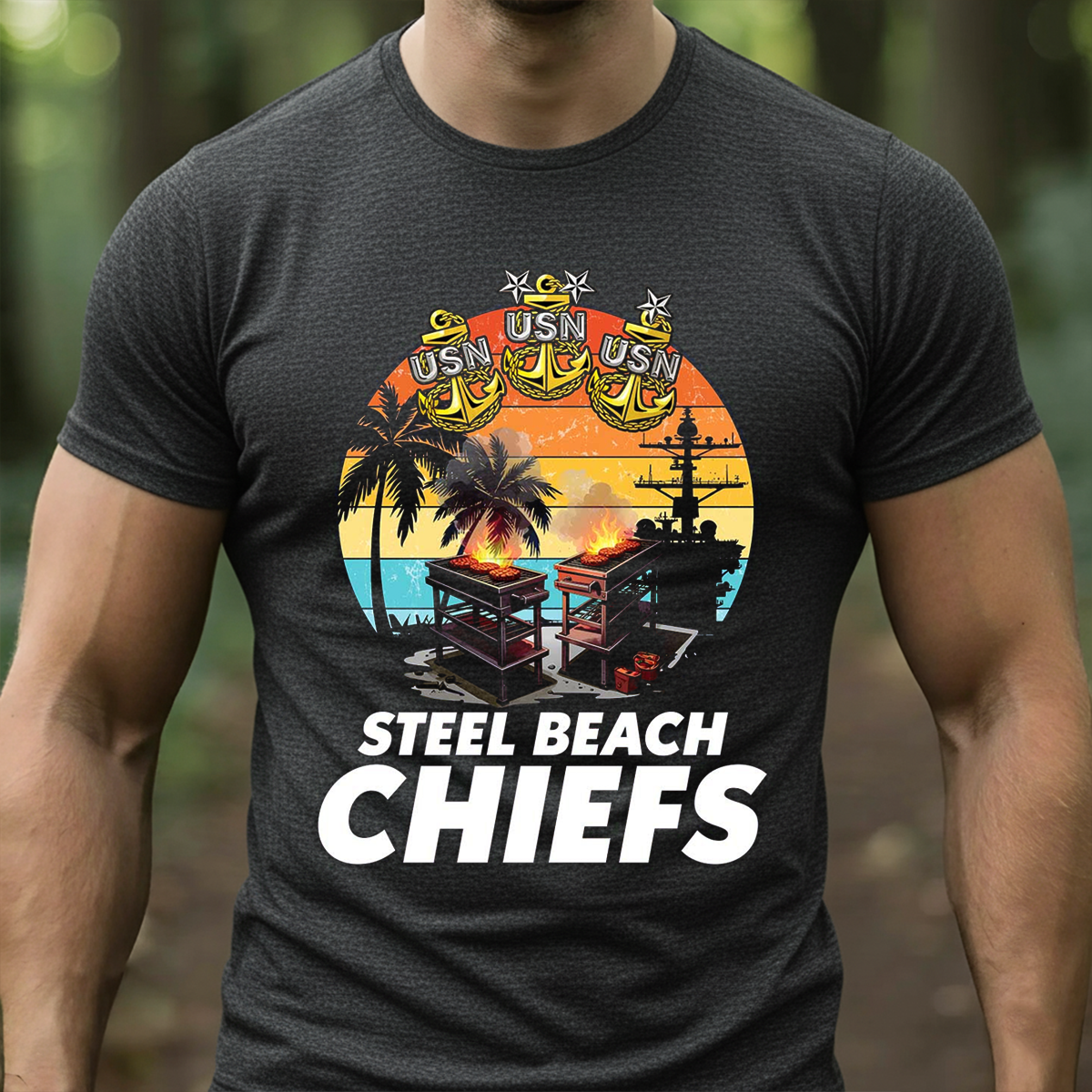 US Navy Steel Beach Chiefs T-Shirt, Sweatshirt, Hoodie – USN Chief Barbecue Party Sunset Military Tee