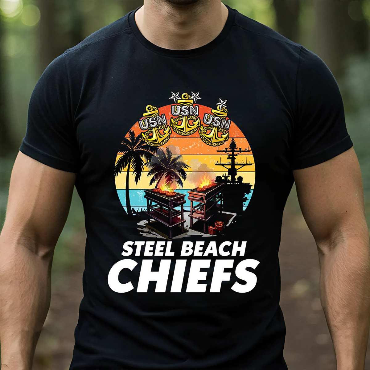 US Navy Steel Beach Chiefs T-Shirt, Sweatshirt, Hoodie – USN Chief Barbecue Party Sunset Military Tee