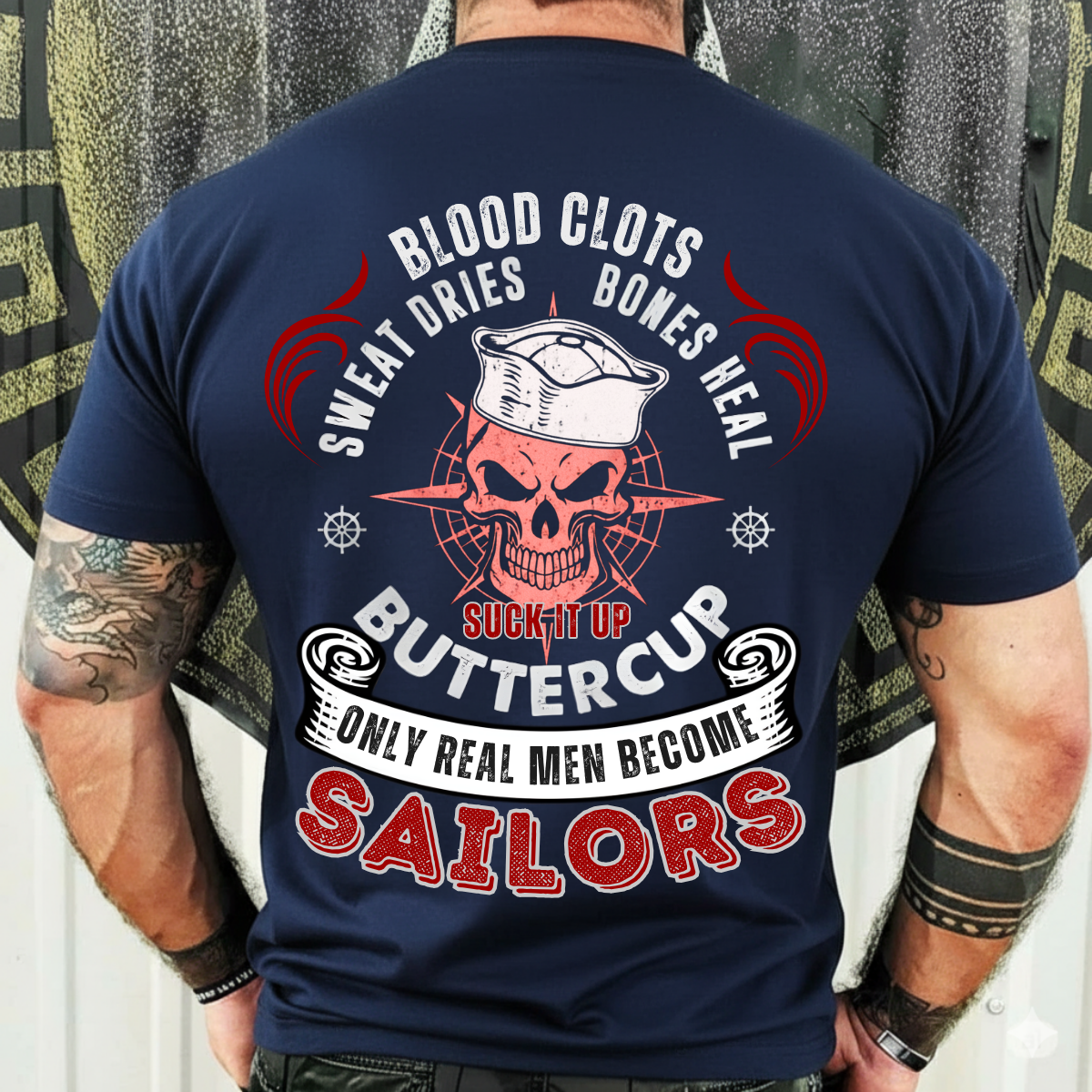 Veteran T-Shirt Sweatshirt Hoodie Military Graphic – “Blood Clots Sweat Dries Bones Heal” – Navy Sailor Skull Apparel