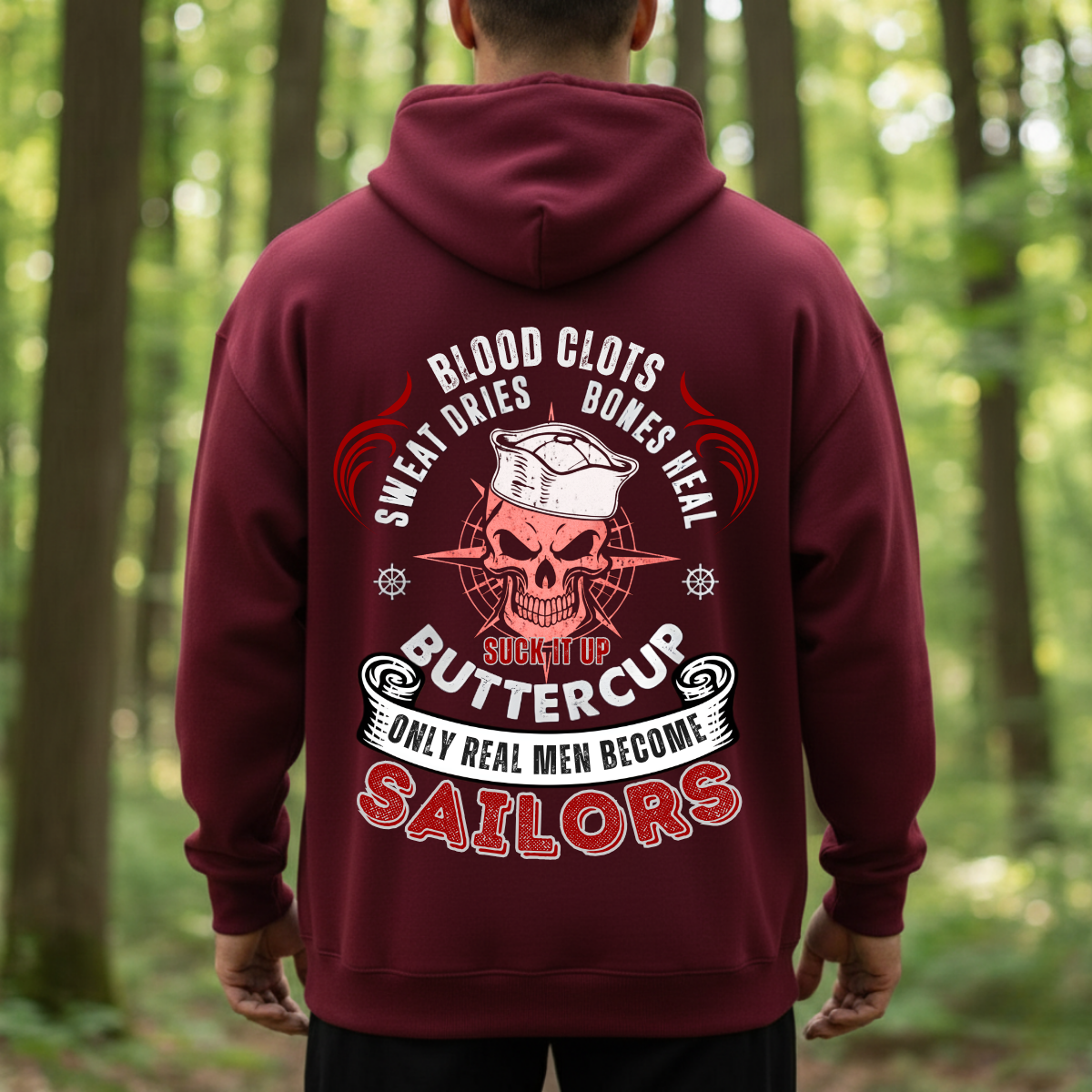 Veteran T-Shirt Sweatshirt Hoodie Military Graphic – “Blood Clots Sweat Dries Bones Heal” – Navy Sailor Skull Apparel