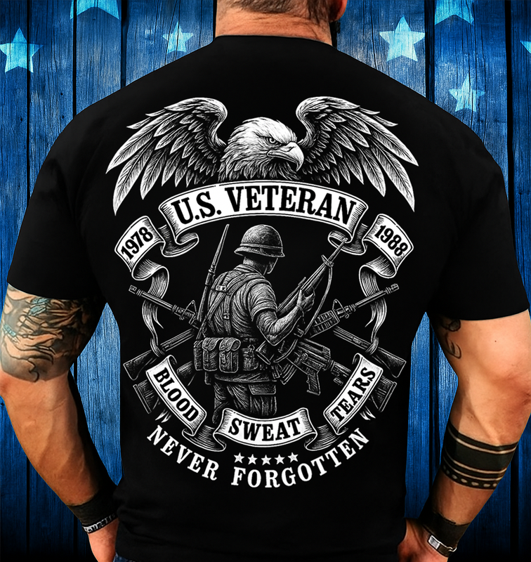 U.S. Veteran Military Tribute T-Shirt – Eagle Soldier Graphic, Blood Sweat Tears Never Forgotten Shirt, Patriotic Gift for Dad & Grandpa