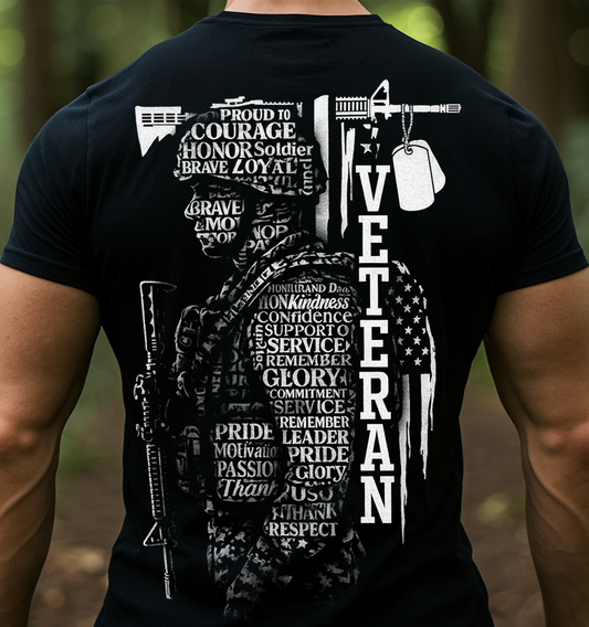 Veteran Soldier Tribute T-Shirt – Courage, Honor, Loyalty, Pride, Service and Glory Word Art Design with Rifle, Dog Tags, and American Flag Graphic