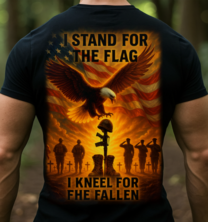 I Stand for the Flag I Kneel for the Fallen T-Shirt – Patriotic Veteran Memorial Shirt with Bald Eagle and American Flag – Military Tribute Gift for Dad or Grandpa