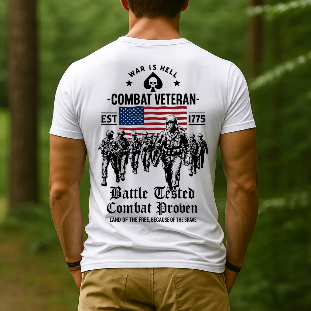Combat Veteran T-Shirt for Dad and Grandpa – War Is Hell Military Graphic Tee with American Flag & Soldiers – Battle Tested Combat Proven Patriotic Gift for Fathers and Grandfathers