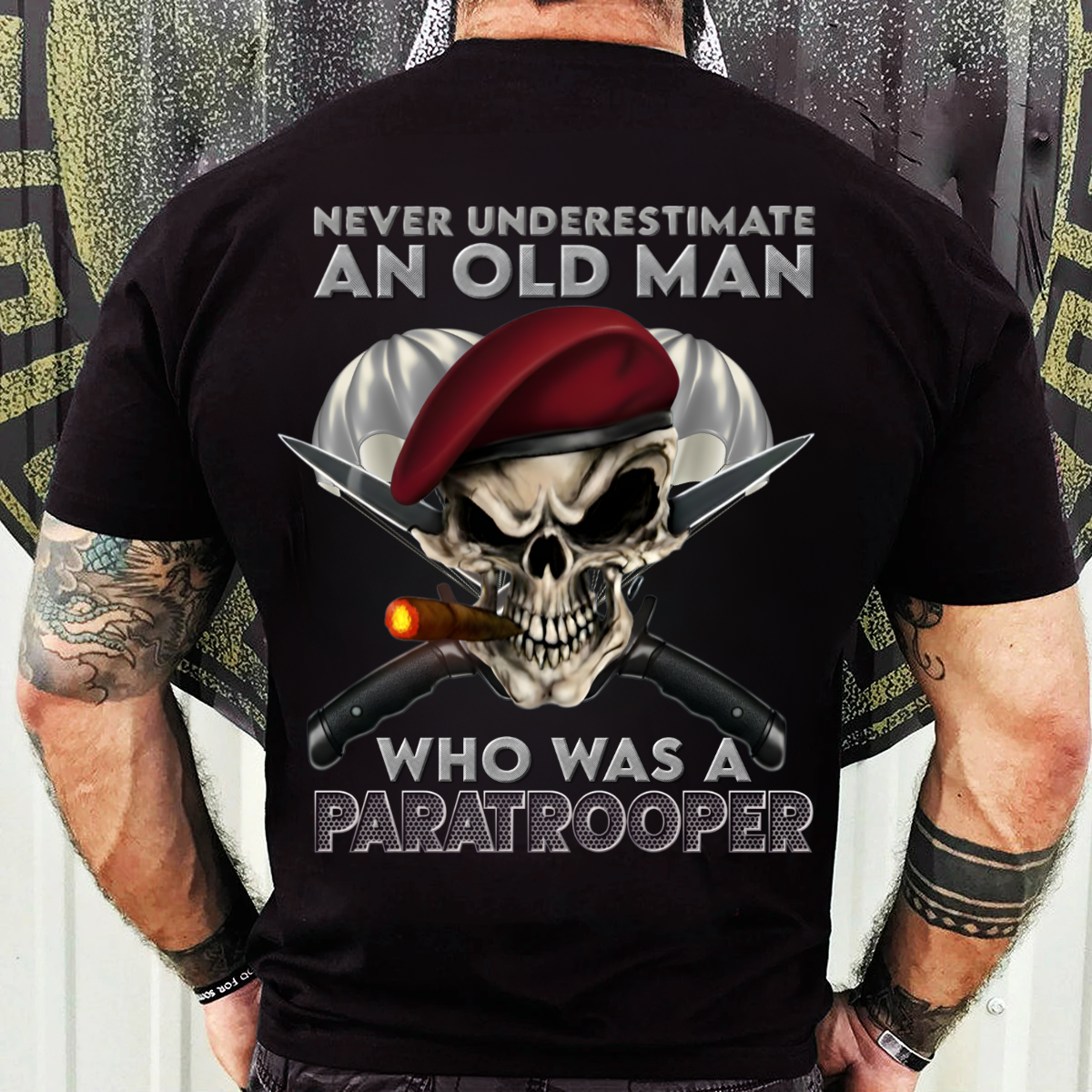 Airborne Veteran T-Shirt, Sweatshirt, Hoodie  – “Never Underestimate An Old Man Who Was A Paratrooper” – Paratrooper Skull Military Gift