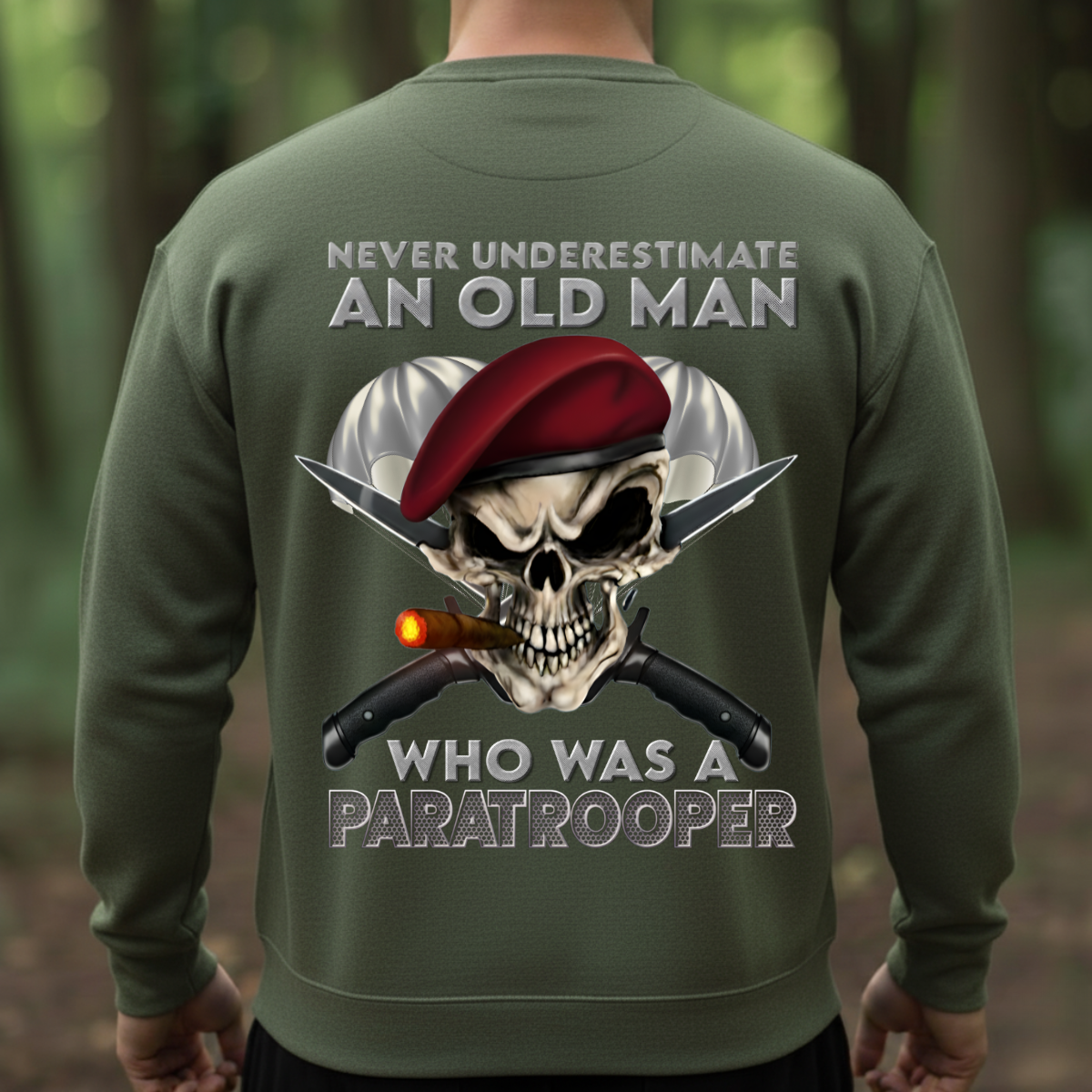 Airborne Veteran T-Shirt, Sweatshirt, Hoodie  – “Never Underestimate An Old Man Who Was A Paratrooper” – Paratrooper Skull Military Gift