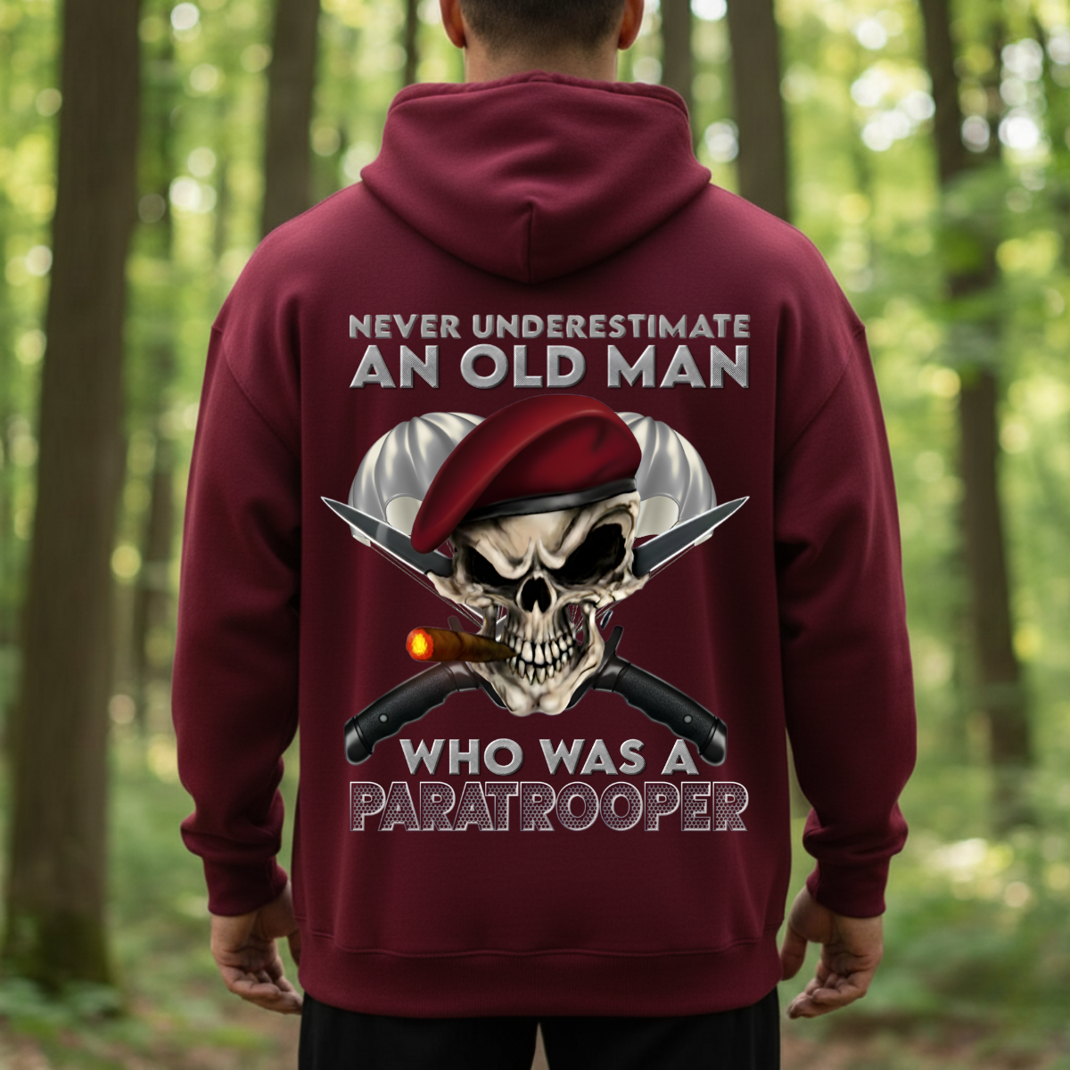 Airborne Veteran T-Shirt, Sweatshirt, Hoodie  – “Never Underestimate An Old Man Who Was A Paratrooper” – Paratrooper Skull Military Gift