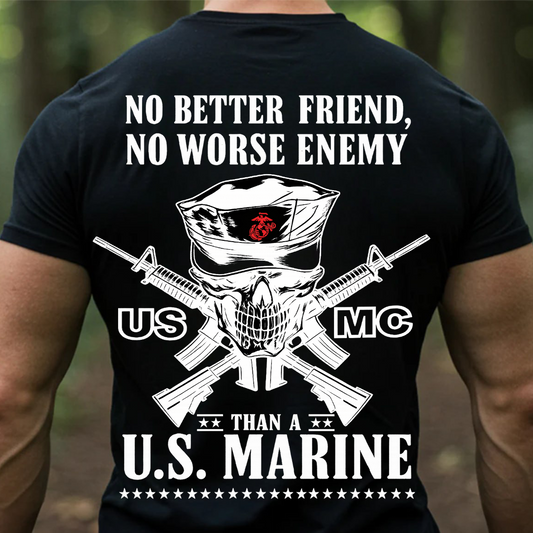 USMC Marine Veteran T-Shirt – Skull with Rifles – No Better Friend No Worse Enemy Than a U.S. Marine