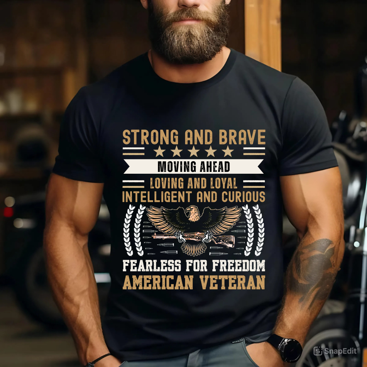 Strong and Brave, Fearless for Freedom – Patriotic Eagle Veteran T-Shirt – American Military Pride Tee