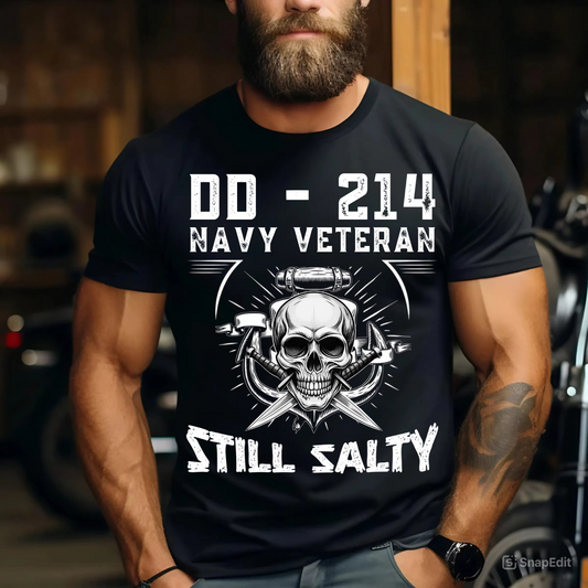 DD-214 Navy Veteran T-Shirt - Still Salty Military Skull Tee - Proud US Veteran Apparel