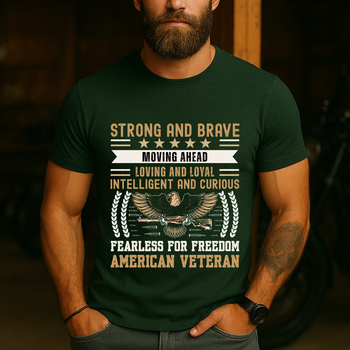 Strong and Brave, Fearless for Freedom – Patriotic Eagle Veteran T-Shirt – American Military Pride Tee