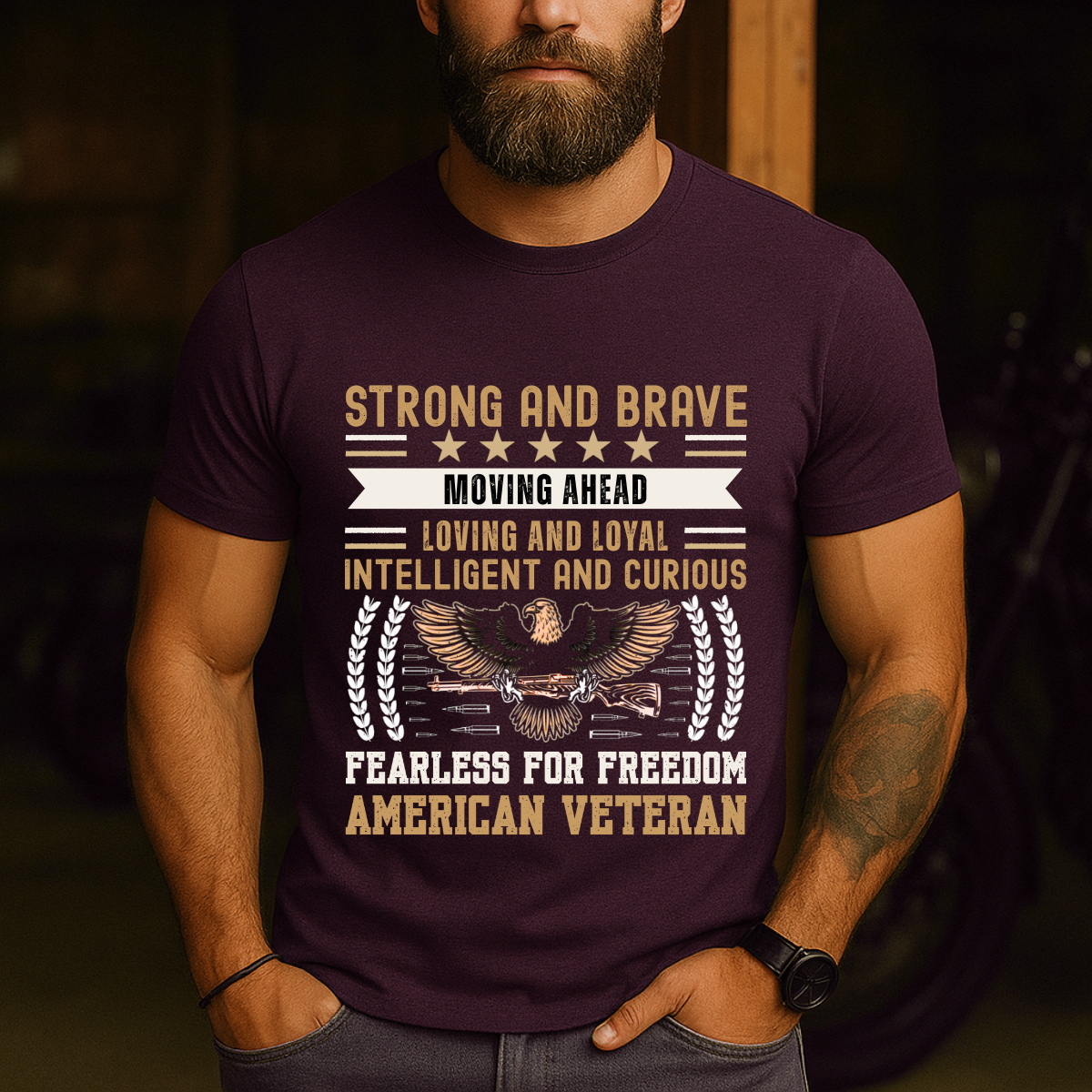 Strong and Brave, Fearless for Freedom – Patriotic Eagle Veteran T-Shirt – American Military Pride Tee