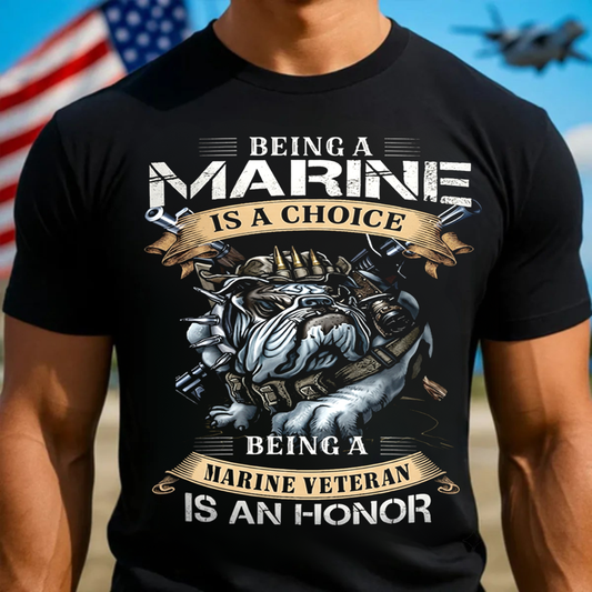 Marine Veteran T-Shirt – USMC Bulldog Design, Being a Marine Is a Choice, Veterans Day Gift (Front)