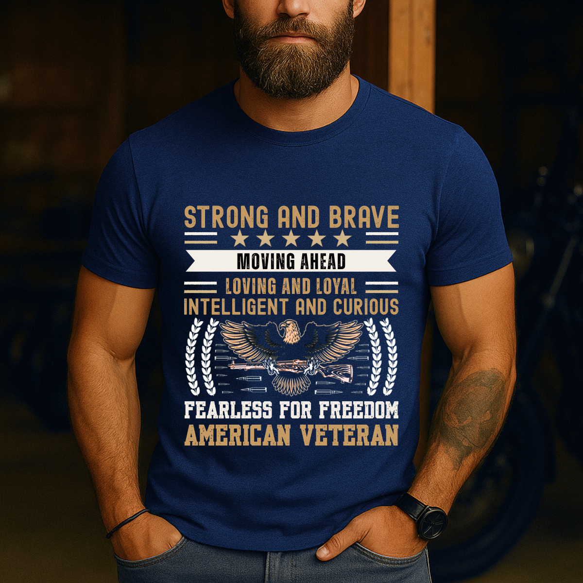 Strong and Brave, Fearless for Freedom – Patriotic Eagle Veteran T-Shirt – American Military Pride Tee