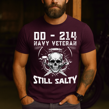DD-214 Navy Veteran T-Shirt - Still Salty Military Skull Tee - Proud US Veteran Apparel