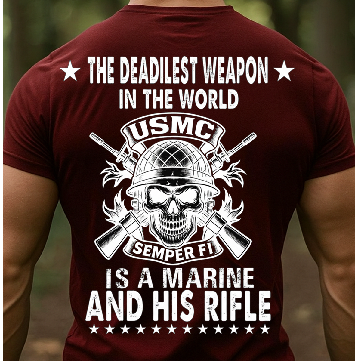 USMC Marine T-Shirt – “The Deadliest Weapon Is a Marine and His Rifle” Skull Design, Semper Fi Military Veteran Shirt