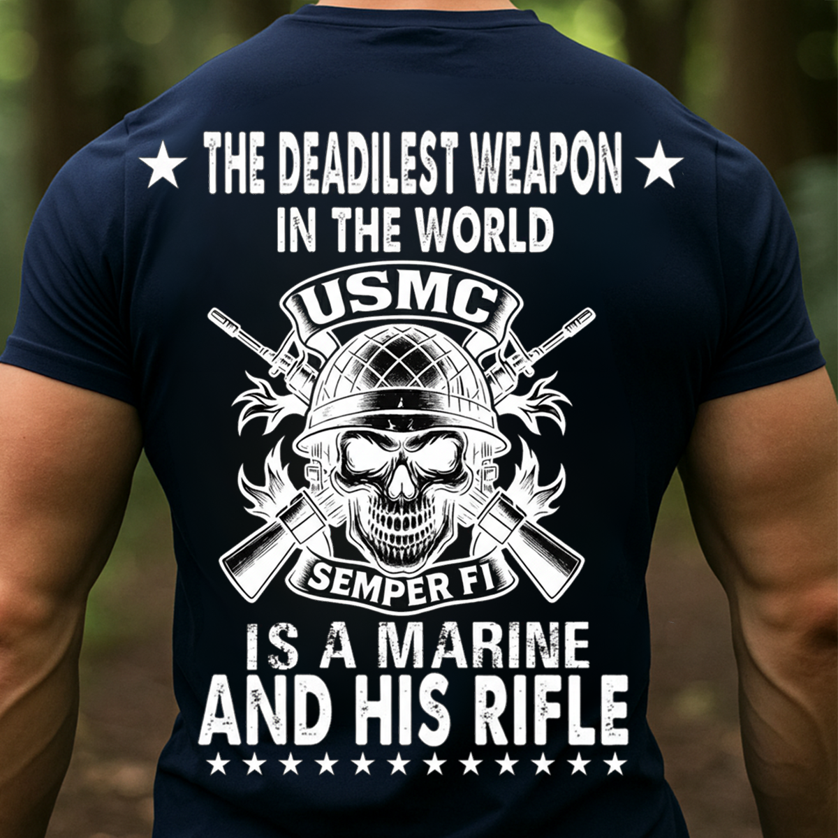 USMC Marine T-Shirt – “The Deadliest Weapon Is a Marine and His Rifle” Skull Design, Semper Fi Military Veteran Shirt