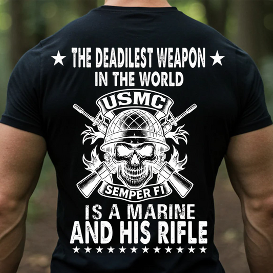 USMC Marine T-Shirt – “The Deadliest Weapon Is a Marine and His Rifle” Skull Design, Semper Fi Military Veteran Shirt