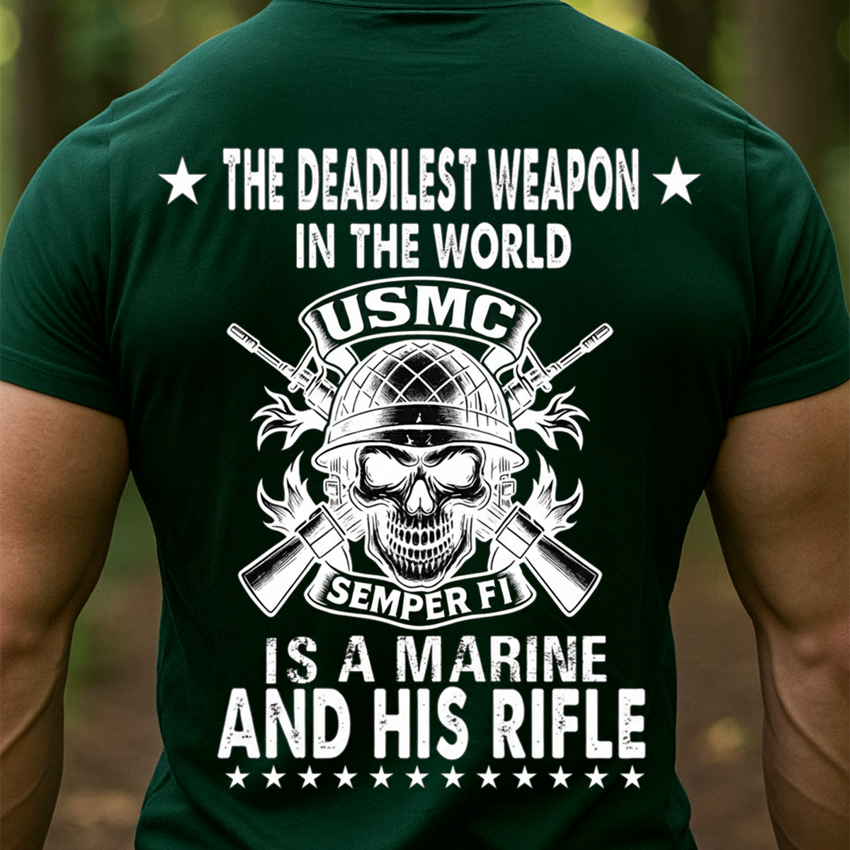 USMC Marine T-Shirt – “The Deadliest Weapon Is a Marine and His Rifle” Skull Design, Semper Fi Military Veteran Shirt