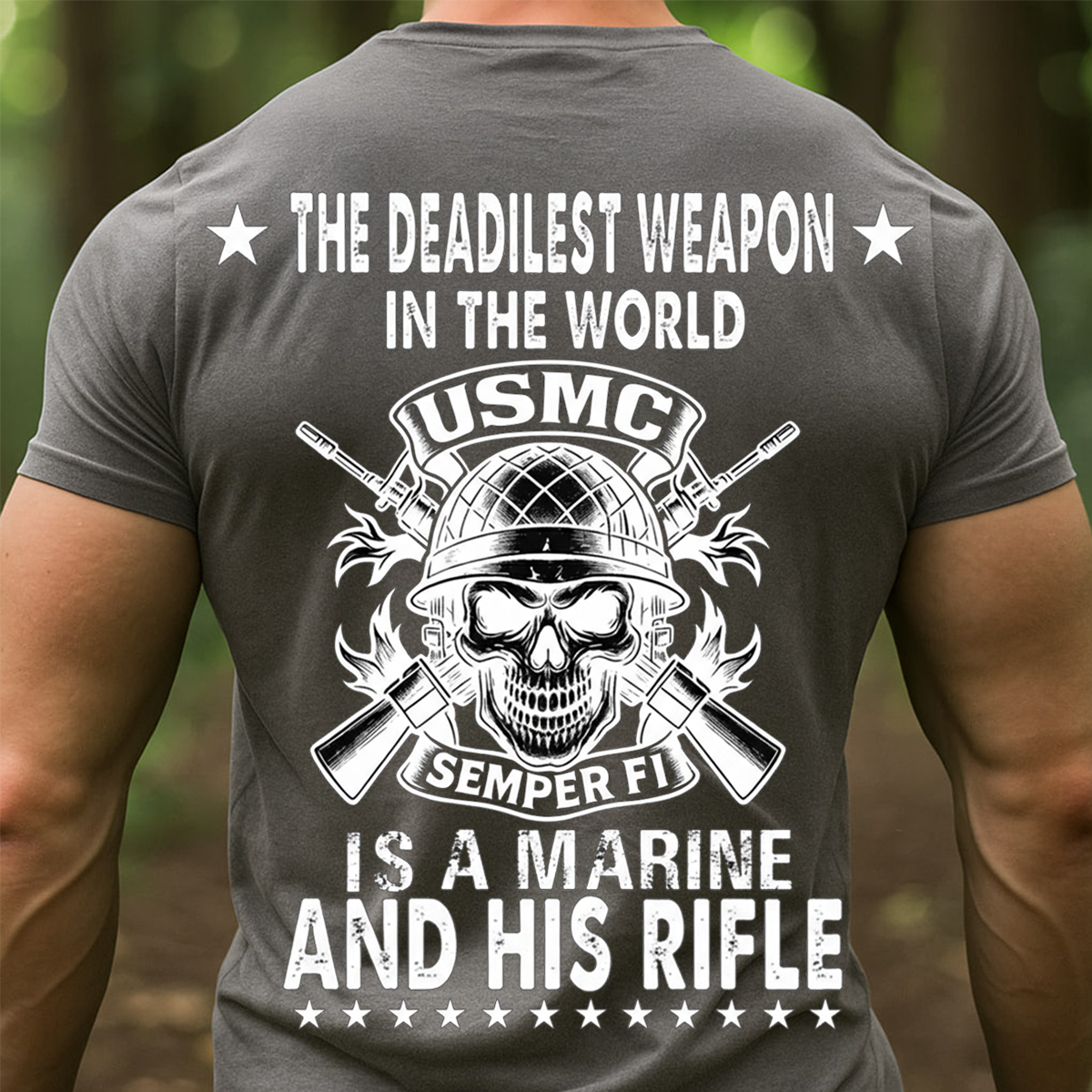 USMC Marine T-Shirt – “The Deadliest Weapon Is a Marine and His Rifle” Skull Design, Semper Fi Military Veteran Shirt