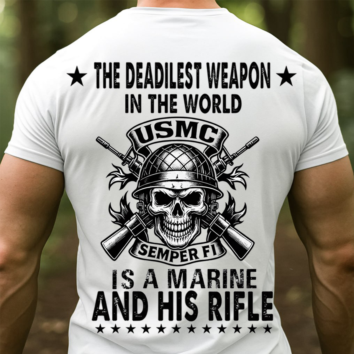 USMC Marine T-Shirt – “The Deadliest Weapon Is a Marine and His Rifle” Skull Design, Semper Fi Military Veteran Shirt