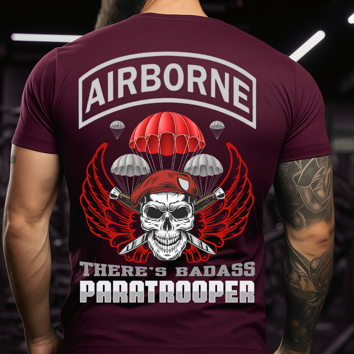 Badass Paratrooper – Airborne Veteran T-Shirt – Skull Parachute Tee – Gift for Army Veterans