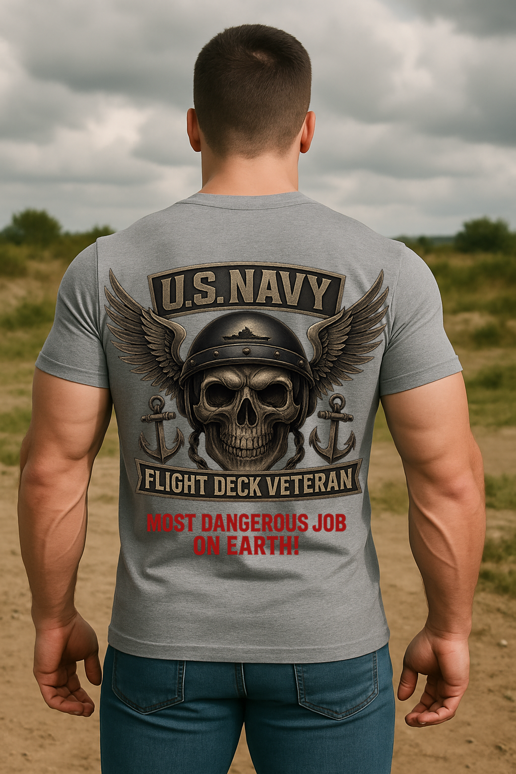 Navy Flight Deck Veteran Tee – Patriotic Military Skull Shirt