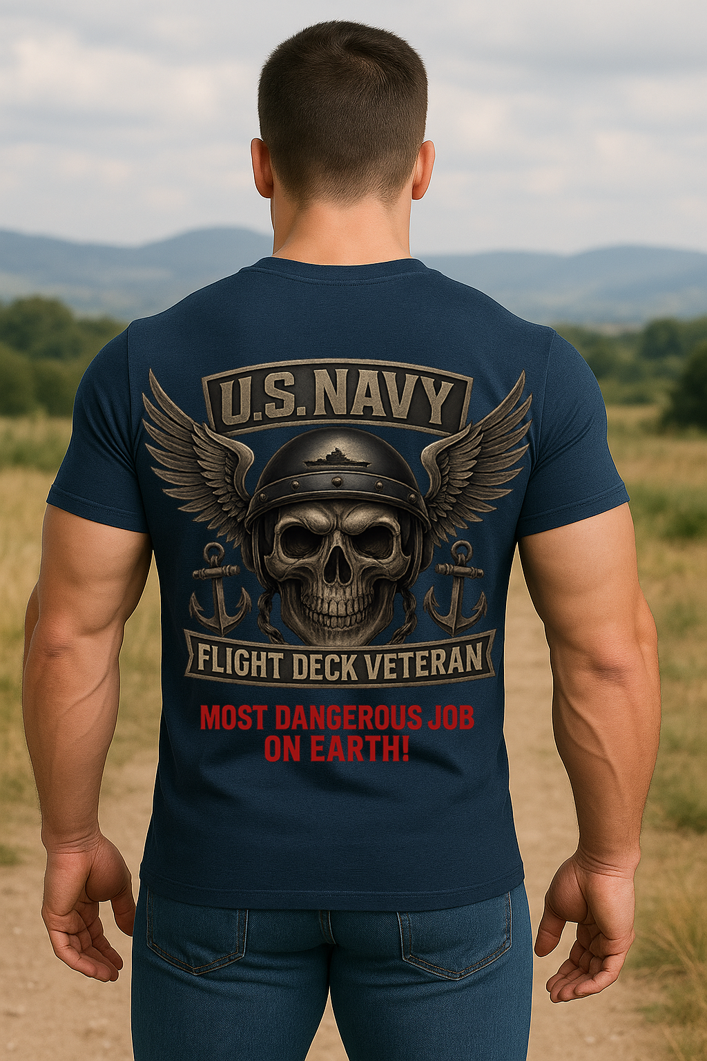 Navy Flight Deck Veteran Tee – Patriotic Military Skull Shirt