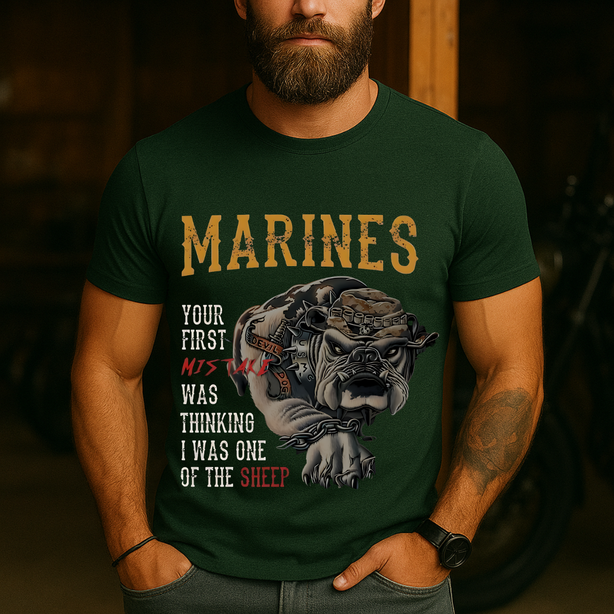 Marine Corps Veteran T-Shirt – Your First Mistake Was Thinking I Was One Of The Sheep – Devil Dog Bulldog Graphic