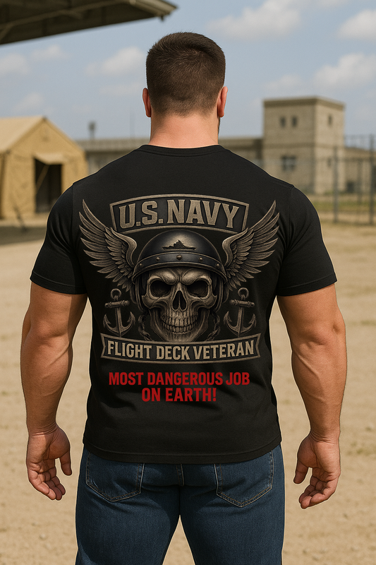 Navy Flight Deck Veteran Tee – Patriotic Military Skull Shirt