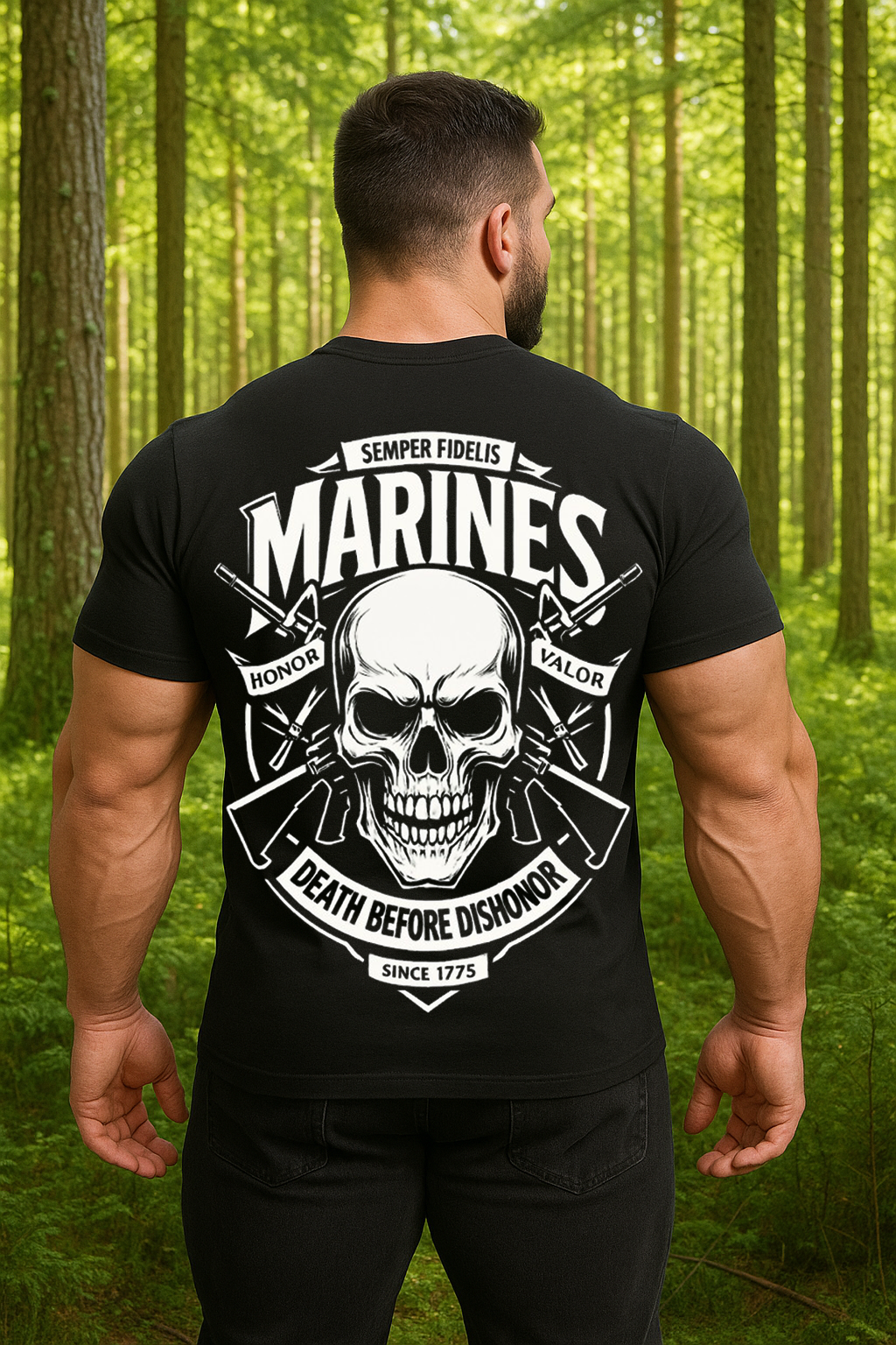 US Marine Corps T-Shirt – Skull Design, Death Before Dishonor, Honor & Valor, Since 1775