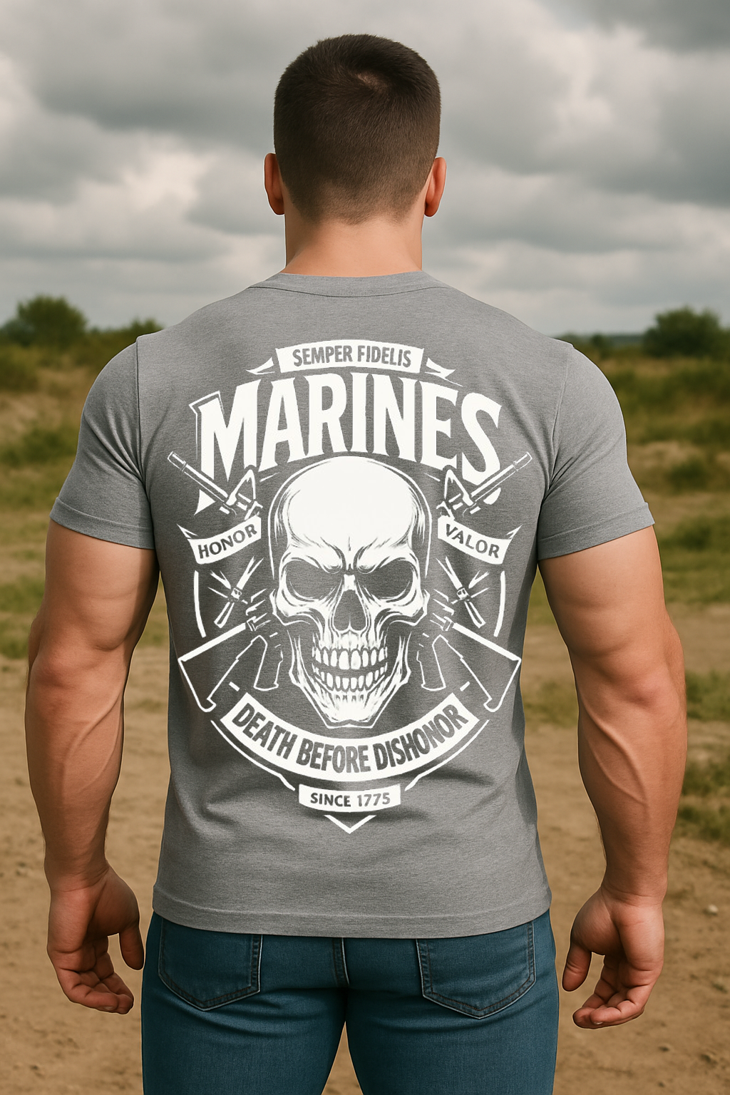 US Marine Corps T-Shirt – Skull Design, Death Before Dishonor, Honor & Valor, Since 1775