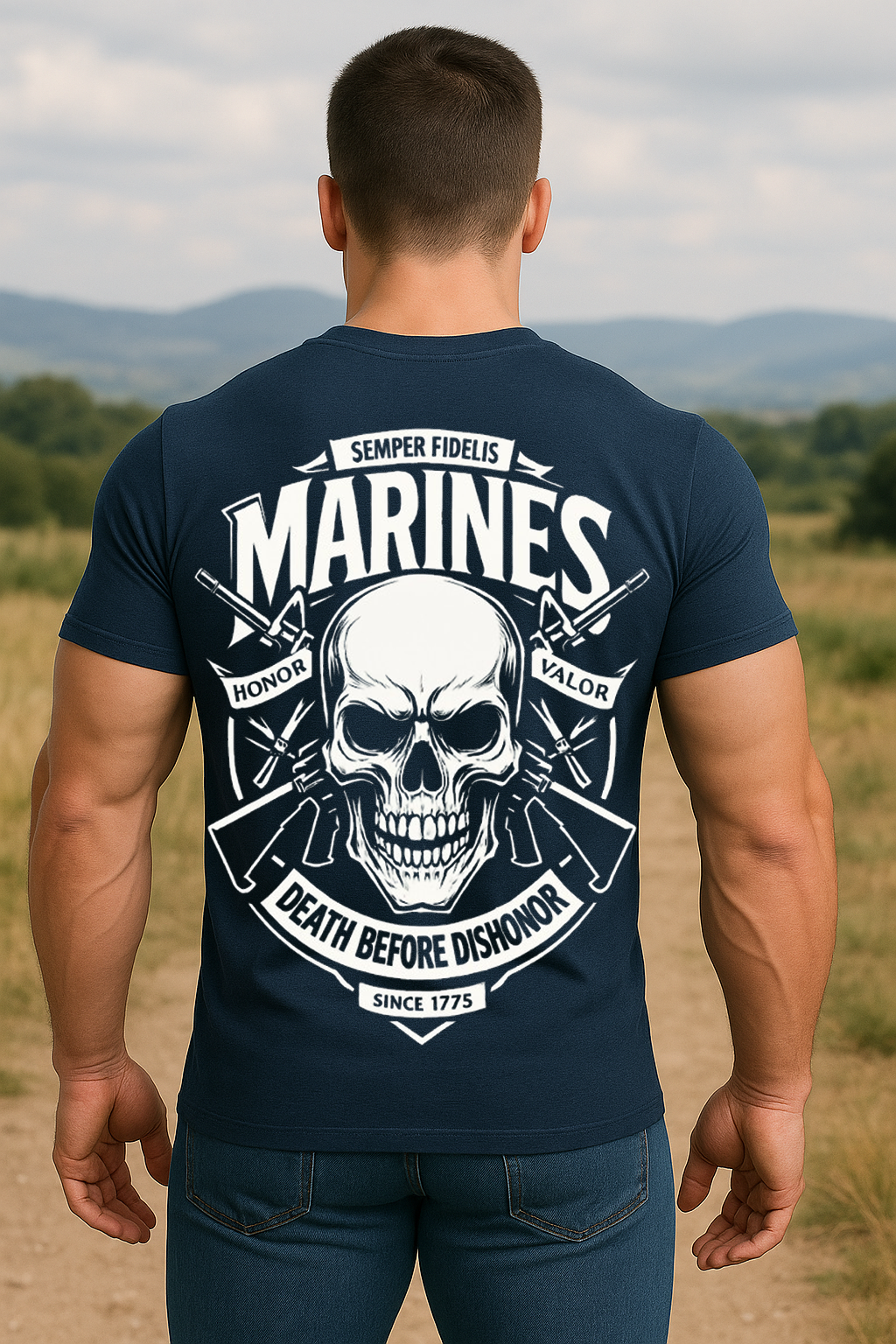 US Marine Corps T-Shirt – Skull Design, Death Before Dishonor, Honor & Valor, Since 1775
