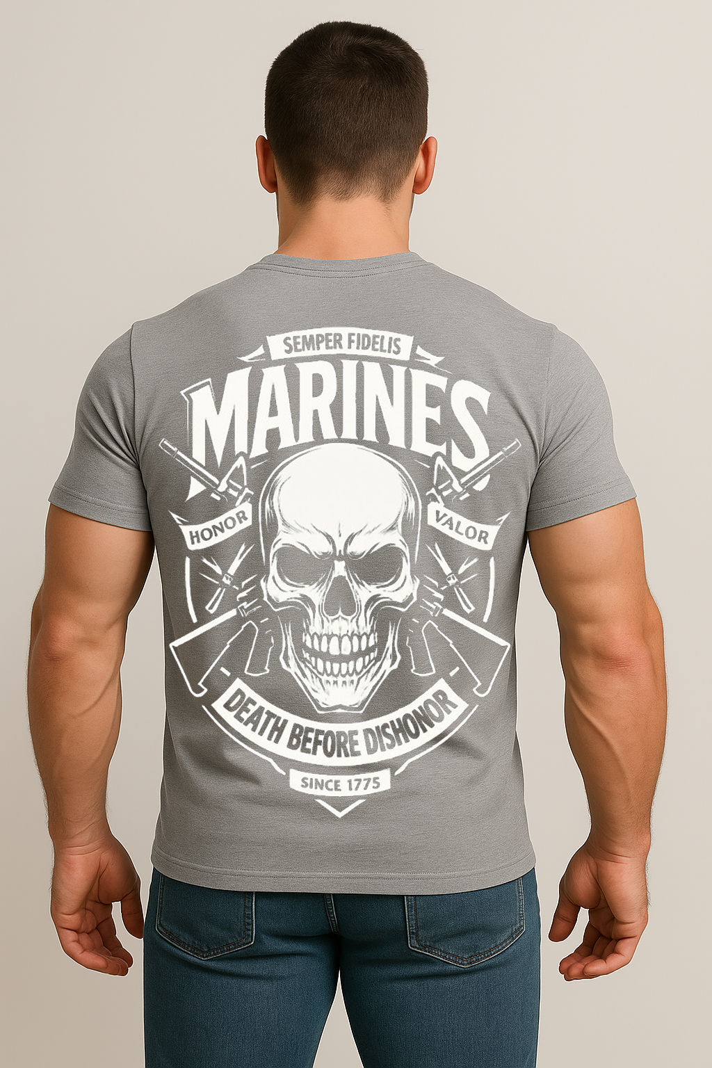 US Marine Corps T-Shirt – Skull Design, Death Before Dishonor, Honor & Valor, Since 1775