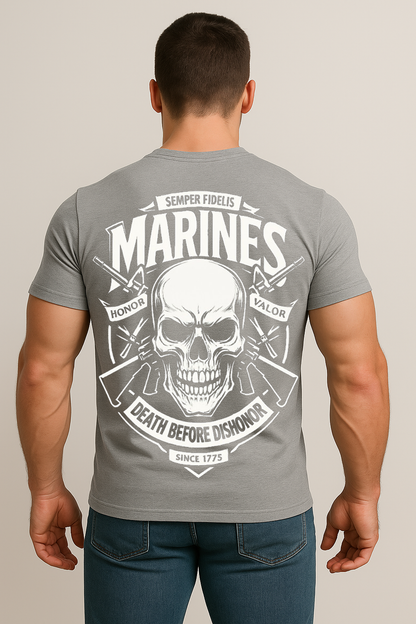 US Marine Corps T-Shirt – Skull Design, Death Before Dishonor, Honor & Valor, Since 1775