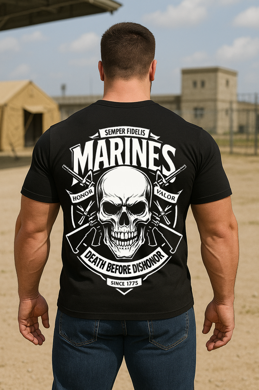 US Marine Corps T-Shirt – Skull Design, Death Before Dishonor, Honor & Valor, Since 1775