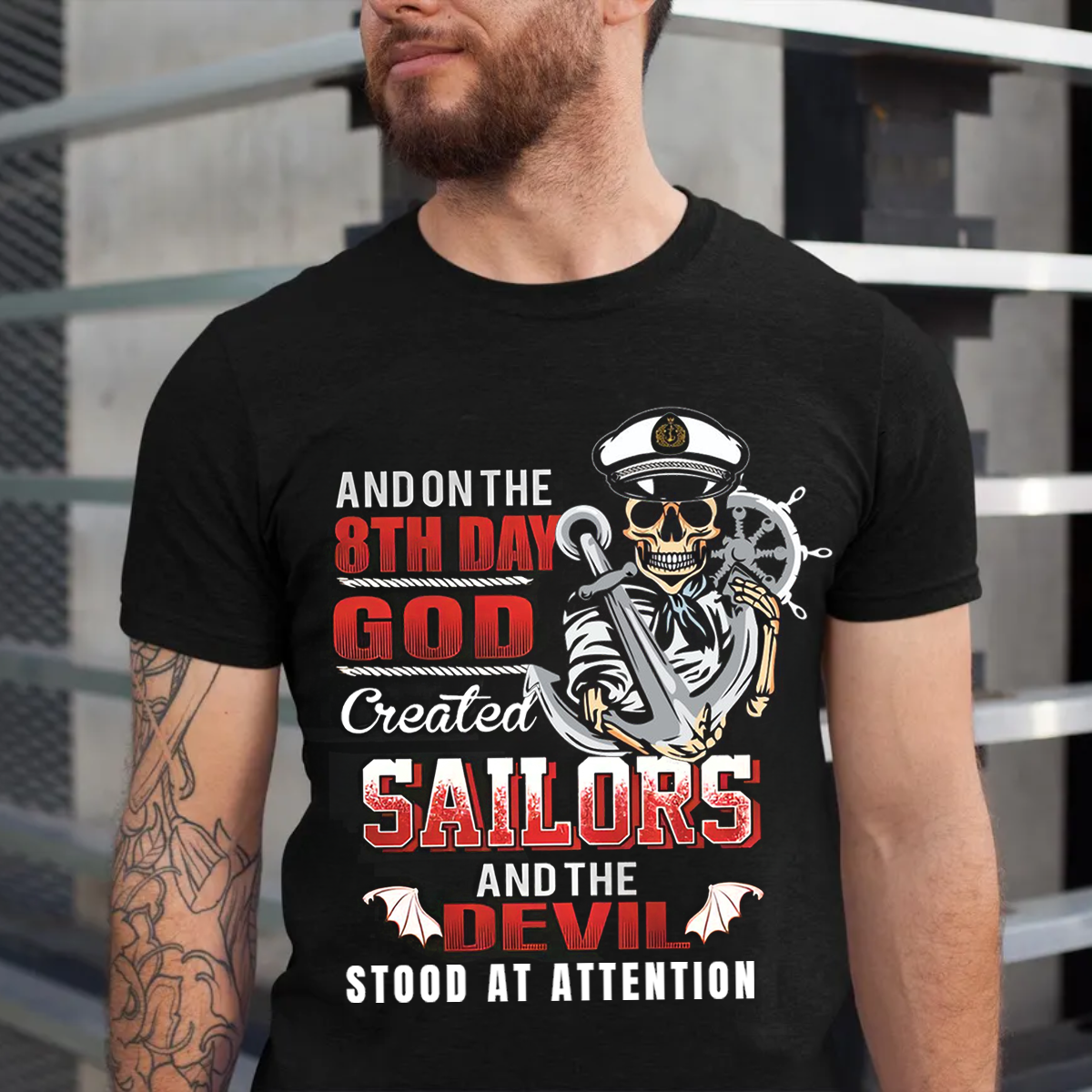 Navy Sailor Veteran T-Shirt – On the 8th Day God Created Sailors Skull Anchor Military Tee