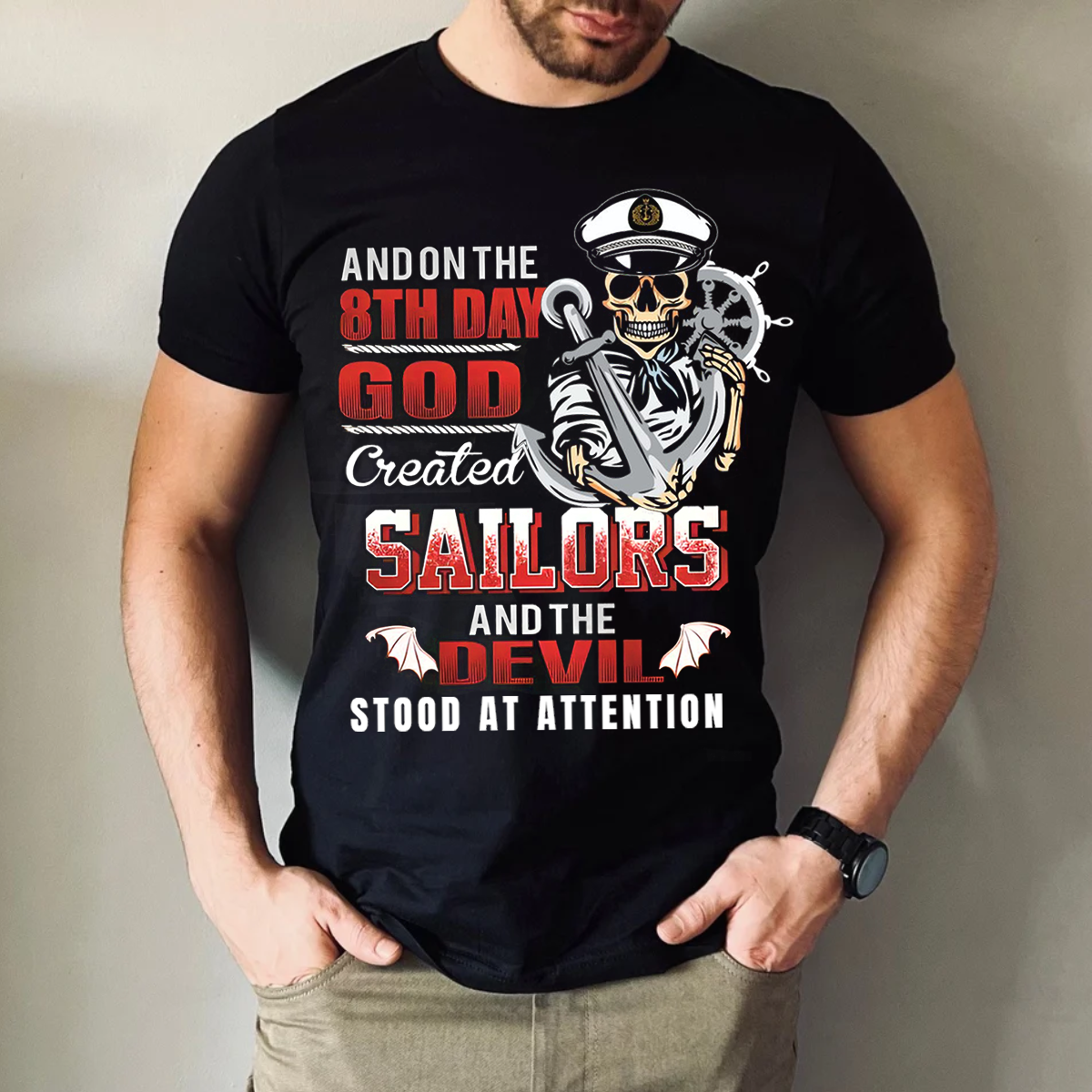 Navy Sailor Veteran T-Shirt – On the 8th Day God Created Sailors Skull Anchor Military Tee