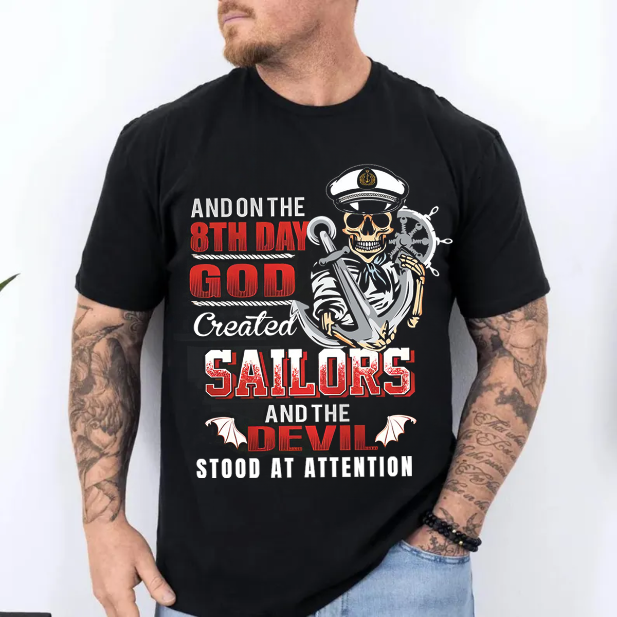 Navy Sailor Veteran T-Shirt – On the 8th Day God Created Sailors Skull Anchor Military Tee