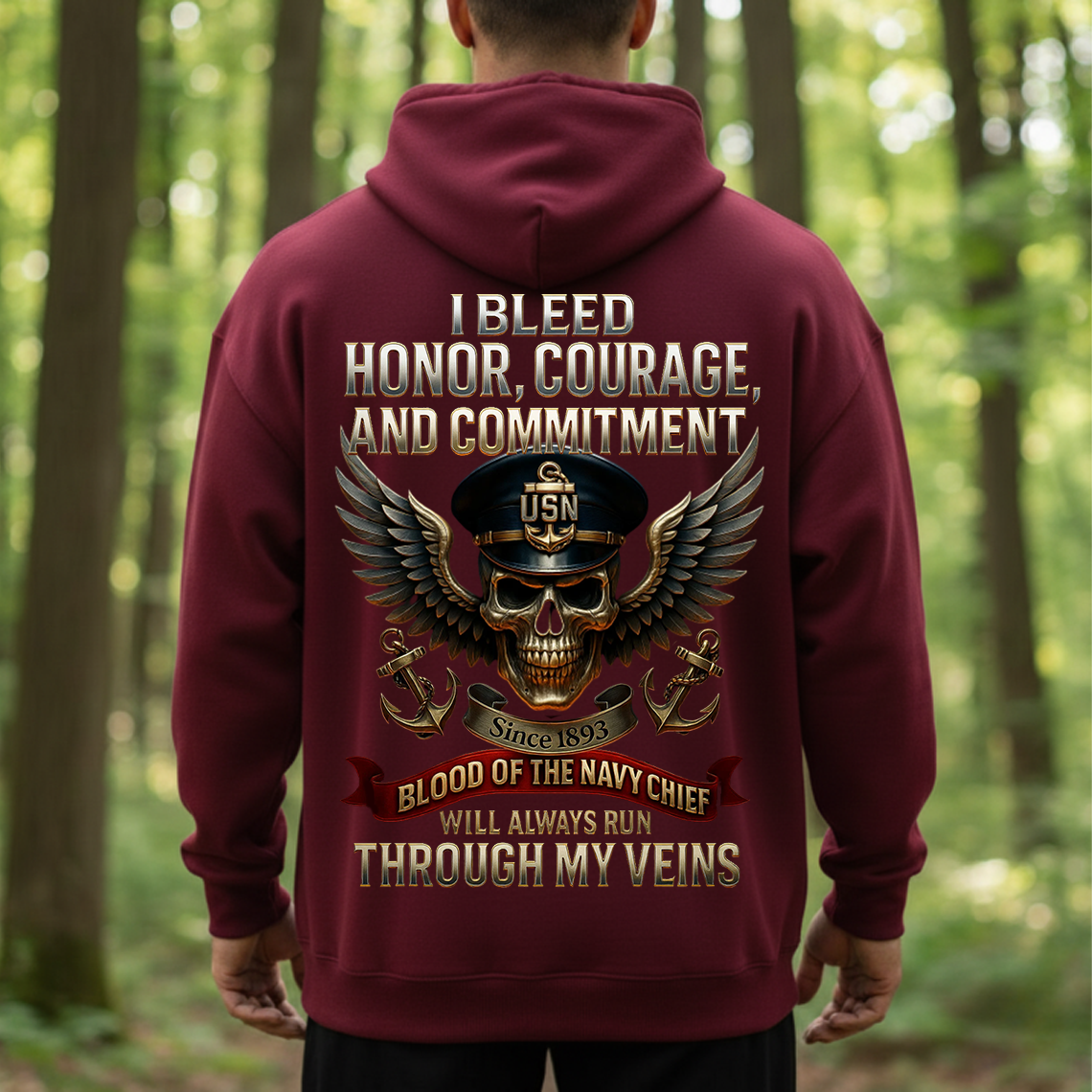 Navy Chief Blood Runs Through My Veins T-Shirt, Sweatshirt, Hoodie – USN Veteran Honor Courage Commitment Military Pride Tee