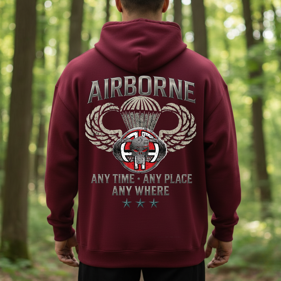 Airborne Veteran T-Shirt, Sweatshirt, Hoodie – Any Time Any Place Anywhere Paratrooper Skull Wings Military Pride Tee