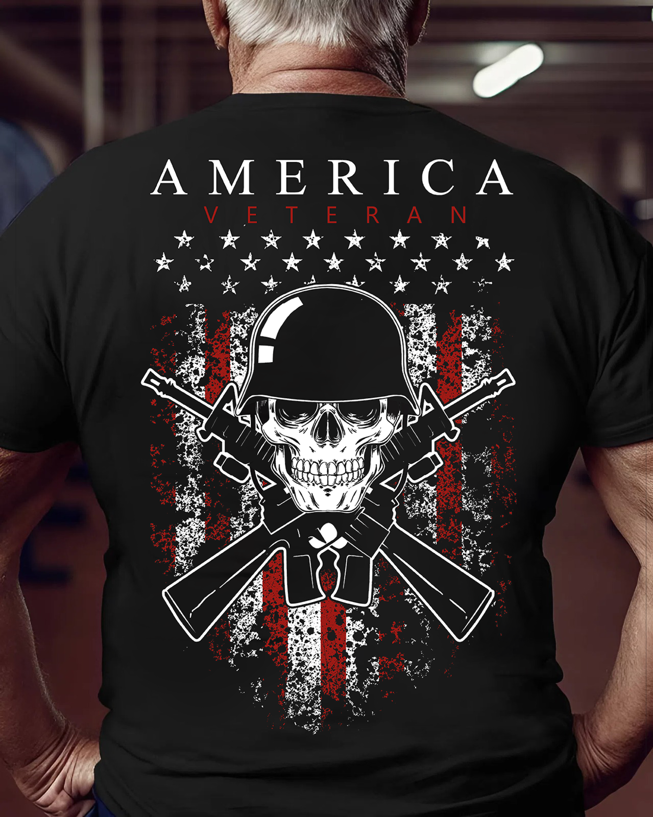 America Veteran Shirt – Skull and Crossed Rifles with American Flag – Patriotic Military Apparel