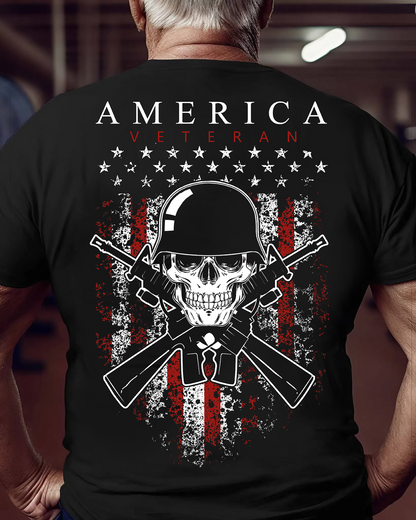 America Veteran Shirt – Skull and Crossed Rifles with American Flag – Patriotic Military Apparel