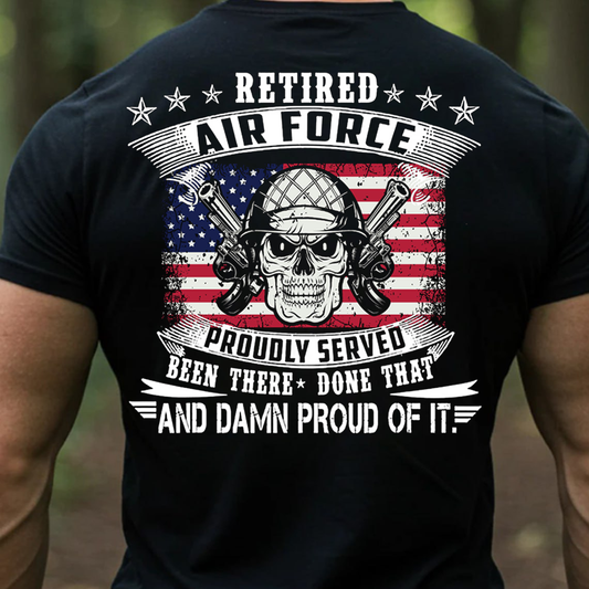 Retired Air Force T-Shirt, Proudly Served Military Veteran Tee, American Flag Skull Soldier Gift Shirt
