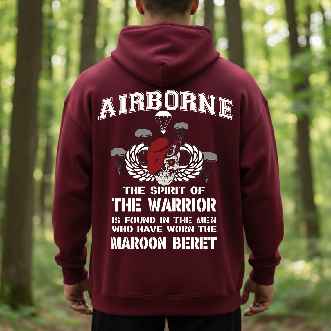 Airborne Maroon Beret Warrior T-Shirt - Paratrooper Veteran Military Pride Skull Tee