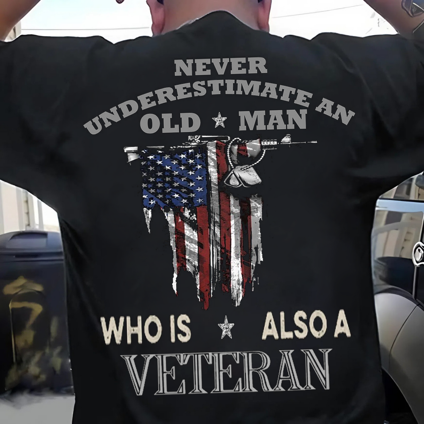 Never Underestimate an Old Man – Veteran T-Shirt – Patriotic American Flag Design – Military Tribute Apparel